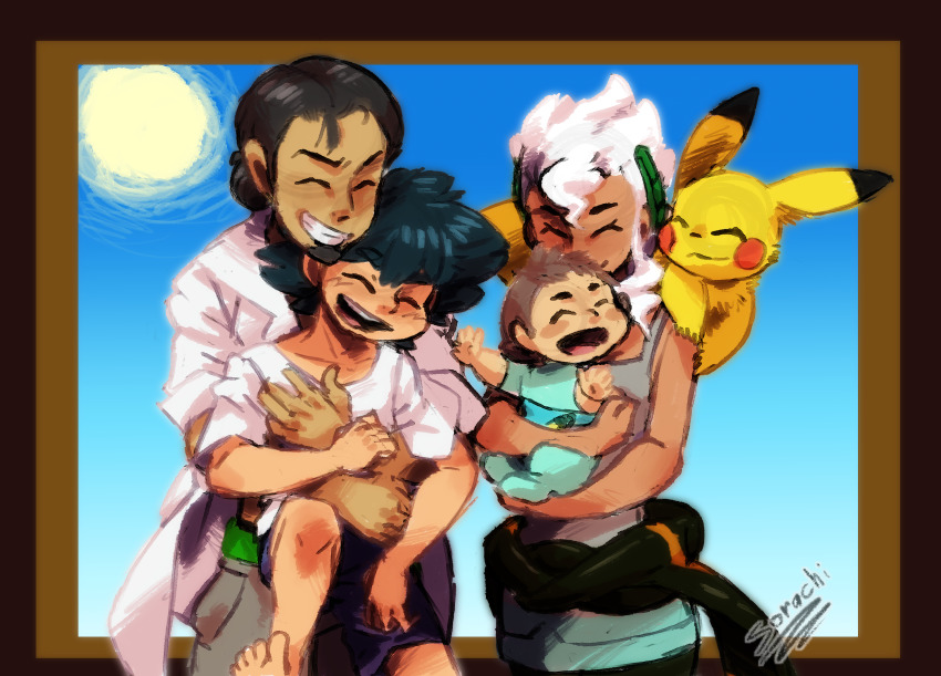 1girl, 3boys, ash_ketchum, bare_arms, black_hair, blush, professor_burnet, carrying