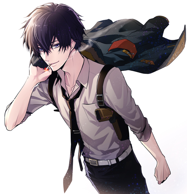 1boy, belt, black_hair, black_neckwear, brown_hair, cigarette, clenched_hand, collar_x_malice