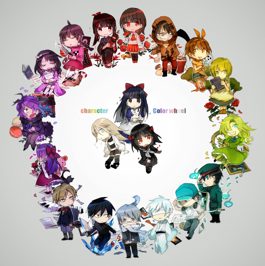 6+boys, 6+girls, :o, arms_behind_back, aya_drevis, baseball_cap, black_socks, blue_headwear, book, bow, braid, brown_eyes, brown_hair, brown_jacket, character_request, chibi, chloe_ardenne, chloe_no_requiem, closed_eyes, coin, crossover, crying, doll_(ib), dress, ellen_(majo_no_ie), facing_away, flower, food, garry_(ib), glasses, gokuto_jihen, green_dress, green_eyes, grey_eyes, grey_hair, hair_bow, hair_over_one_eye, hat, highres, himeno_mikoto, hitodama, holding, holding_flower, holding_sword, holding_weapon, hood, ib_(ib), ib_(kouri), isaac_foster, jacket, japanese_clothes, kaii_shoukougun, kanzaki_shiori, kimono, kirisame_ga_furu_mori, kirishima_(gokuto_jihen), kneehighs, knife, macaron, mad_father, madotsuki, majo_no_ie, mary_(ib), michel_d'alembert, military, military_uniform, mono_nen_sekai, multiple_boys, multiple_crossover, multiple_girls, newo_(shinra-p), orange_bow, pants, paper, pink_skirt, rachel_gardner, red_bow, red_eyes, red_pants, rose, satsuriku_no_tenshi, scarf, scarf_over_mouth, school_uniform, scythe, shirt, skirt, socks, striped_clothes, striped_shirt, sword, trait_connection, viola_(majo_no_ie), weapon, white_hair, xueci_(mono_nen_sekai), yen, yume_nikki