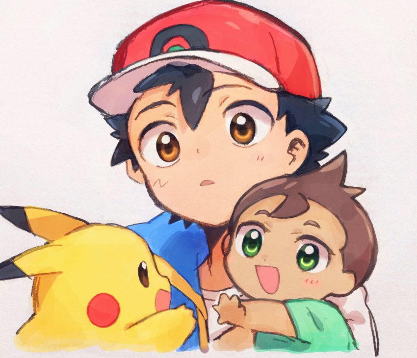 2boys, ash_ketchum, baseball_cap, black_hair, blue_jacket, blush, brown_eyes, brown_hair, child, commentary_request, gen_1_pokemon, green_eyes, hair_between_eyes, hat, highres, jacket, kurage2535, lei_(pokemon), multiple_boys, nintendo, pikachu, pokemon, pokemon_(anime), pokemon_(creature), pokemon_journeys, shirt, spread_fingers, white_background, white_shirt