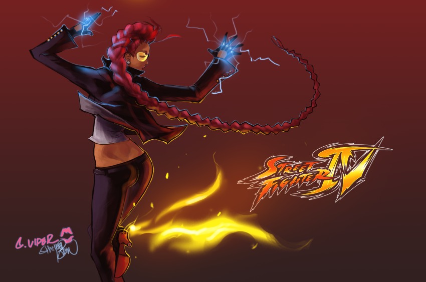 1girl, ass, black_gloves, braid, capcom, crimson_viper, cross, cross_earrings