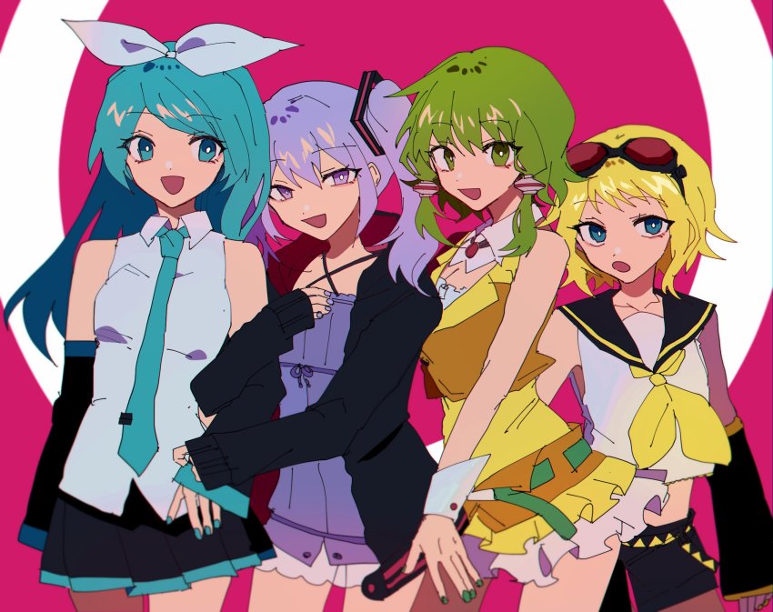 4girls, :d, alternate_hair_length, alternate_hair_ornament, alternate_hairstyle, alternate_headwear, arms_at_sides, bad_id