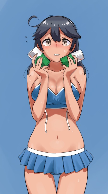 1girl, ahoge, bikini, bikini_skirt, black_hair, blue_background, blue_bikini, breasts