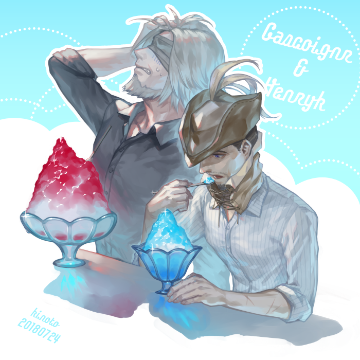 2boys, arm_up, artist_name, beard, black_eyes, blindfold, bloodborne, blue_background