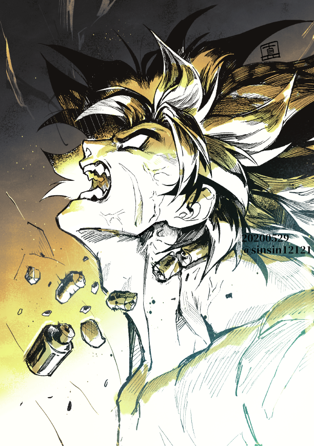 1boy, broly_(dragon_ball_super), dated, dragon_ball, dragon_ball_super, dragon_ball_super_broly, male_focus, monochrome