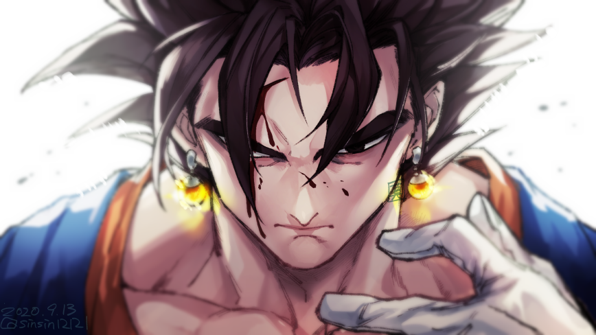 1boy, black_eyes, black_hair, blood, blood_on_face, closed_mouth, dated, dragon_ball