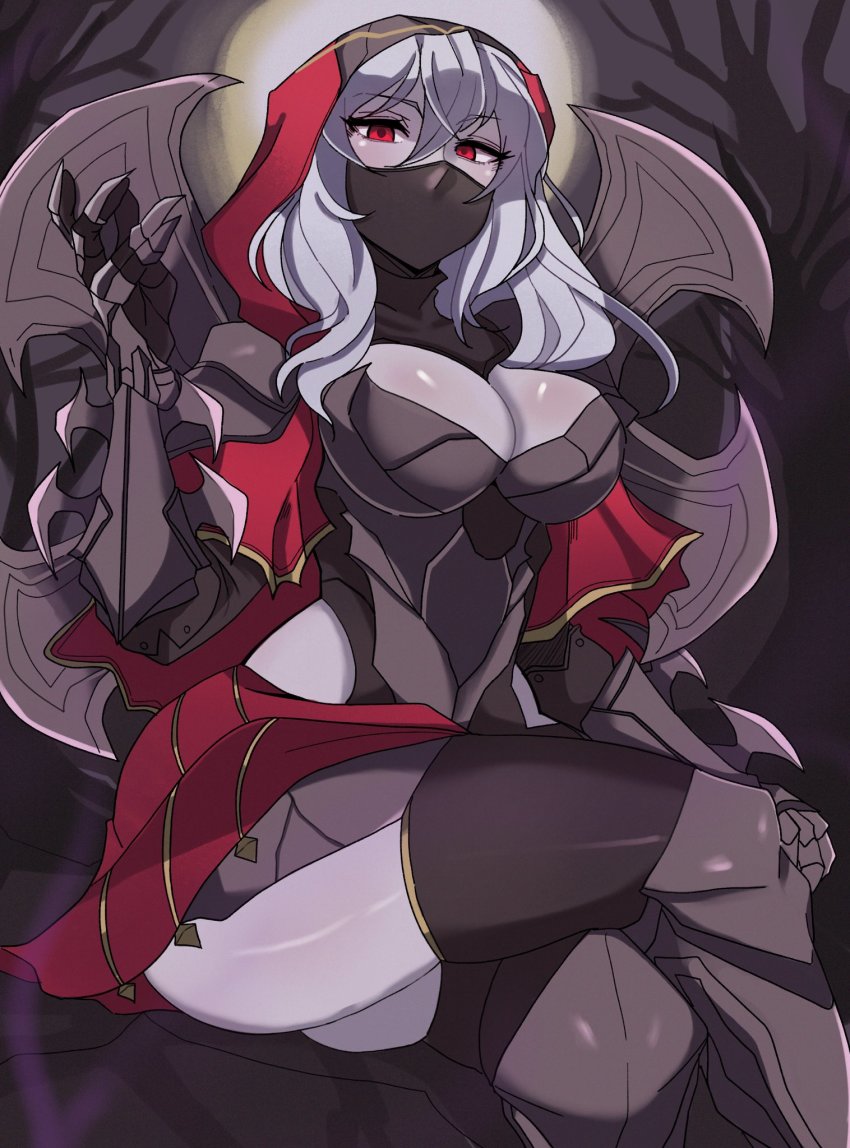 1girl, armor, bare_tree, blade, breastplate, clawed_gauntlets, covered_mouth, crossed_legs, gauntlets, genderswap, genderswap_(mtf), greaves, grey_hair, hair_between_eyes, highres, hood, hood_up, league_of_legends, long_hair, mask, moon, mouth_mask, outdoors, pauldrons, red_eyes, red_hood, rock, shoulder_armor, shuriken, sitting, solo, thighhighs, tree, weapon, weapon_on_back, yoshiikirablr, zed_(league_of_legends)