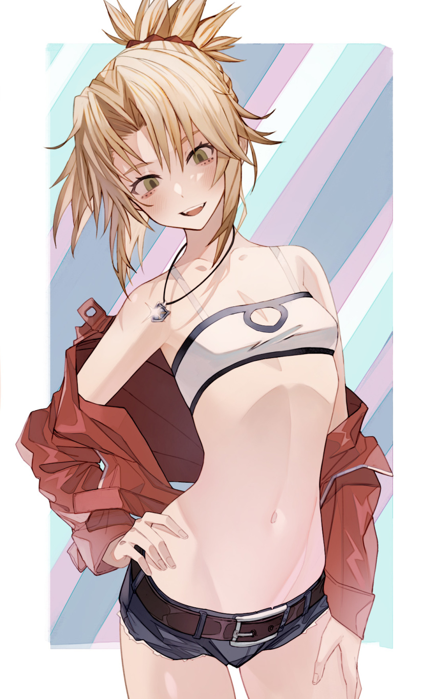 1girl, armpits, bad_id, bad_twitter_id, bandeau, bare_shoulders, belt, blonde_hair