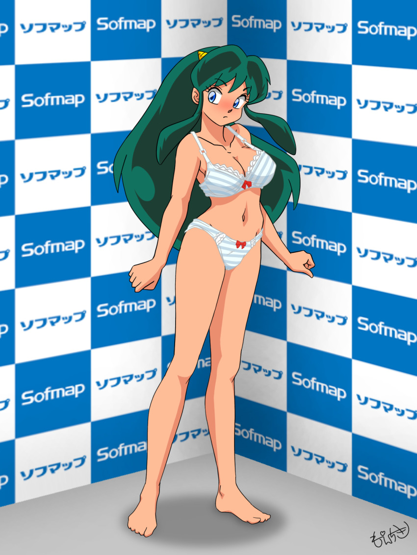 1girl, bad_id, bad_pixiv_id, blue_eyes, bra, breasts, cameltoe, green_hair, highres, horns, large_breasts, looking_to_the_side, lum, midriff, moechiki, navel, panties, sofmap, sofmap_background, solo, standing, step_and_repeat, underwear, underwear_only, urusei_yatsura, white_bra, white_panties