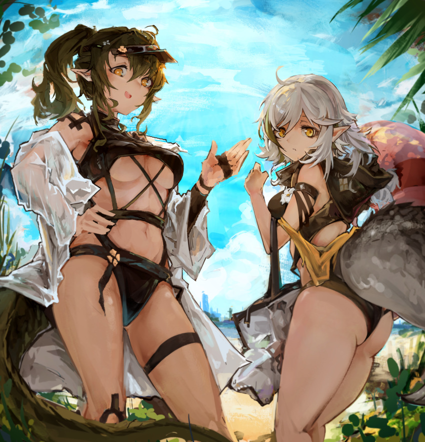2girls, absurdres, arknights, ass, blue_sky, breasts, commentary_request, crocodilian_tail