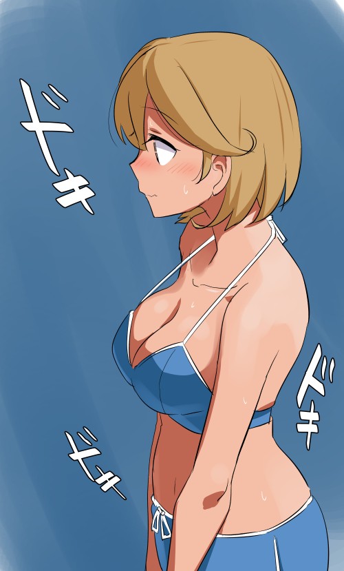 1girl, bikini, blue_background, blue_bikini, blue_shorts, breasts, brown_eyes, brown_hair