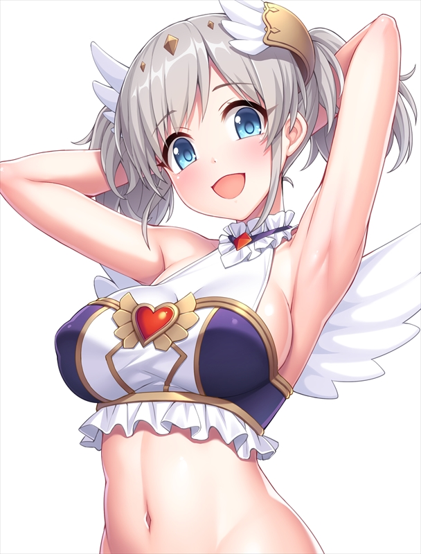 1girl, :d, akari_(angel)_(princess_connect!), akari_(princess_connect!), armpits, arms_behind_head, arms_up, bare_arms, bare_shoulders, blue_eyes, breasts, covered_erect_nipples, crop_top, frilled_shirt, frills, gold_trim, grey_hair, hair_ornament, halterneck, heart, lambda_(kusowarota), long_hair, looking_at_viewer, medium_breasts, midriff, navel, open_mouth, princess_connect!, shirt, simple_background, sleeveless, sleeveless_shirt, smile, solo, stomach, twintails, upper_body, white_background, white_shirt, wing_hair_ornament, wings