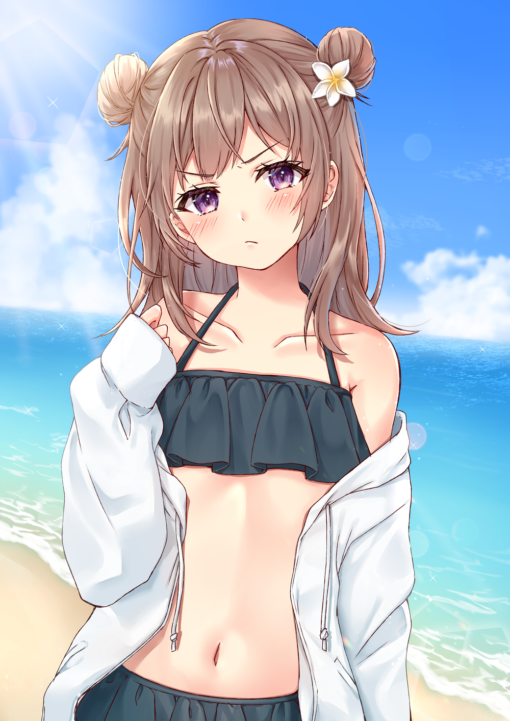 1girl, bare_shoulders, beach, bikini, black_bikini, blue_sky, blush, brown_hair