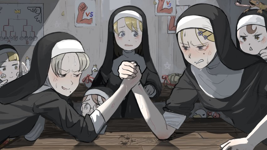 6+girls, anger_vein, animal, animal_on_head, arm_up, arm_wrestling, bandaged_hand, bird, blonde_hair, blue_eyes, blush, brown_eyes, bug, chart_(object), clenched_hand, clenched_teeth, clumsy_nun_(diva), commentary, diva_(hyxpk), duck, eating, elbows_on_table, english_commentary, figure, flexing, fly, frog, froggy_nun_(diva), glasses, glasses_nun_(diva), graffiti, habit, hair_ornament, hairclip, heart, heart-shaped_eyewear, highres, index_finger_raised, indoors, insect, leaning_forward, little_nuns_(diva), looking_at_another, mole, mole_under_eye, mole_under_mouth, moth, multiple_girls, nervous_sweating, nun, nun_headdress, on_head, open_hand, original, poster_(object), pumpkin, ribbon, round_eyewear, running_bond, shadow, silver_hair, sleeves_rolled_up, slice_of_life, smile, smug_nun_(diva), spicy_nun_(diva), spotlight, star_(symbol), sticker, strict_nun_(diva), sweat, sweatdrop, table, teeth, tinted_eyewear, tongue, tongue_out, tournament_bracket, traditional_nun, triangle_mouth, veins, wall, watching, wooden_table, yellow_eyes
