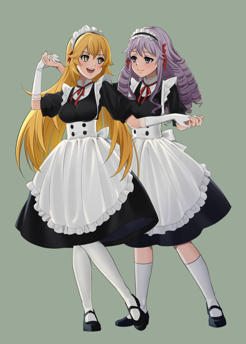 +_+, 2girls, :d, absurdres, alternate_costume, apron, arm_up, back_bow