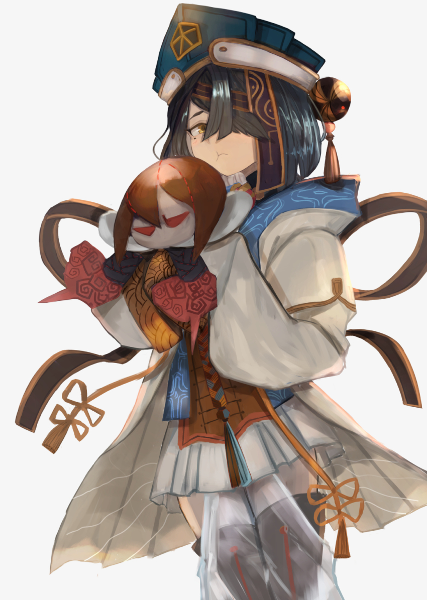 1girl, black_gloves, black_hair, blue_headwear, breasts, character_doll, chinese_clothes, doll