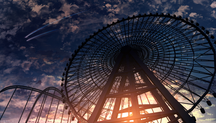 amusement_park, artist_name, cloud, commentary_request, evening, ferris_wheel, from_below, highres