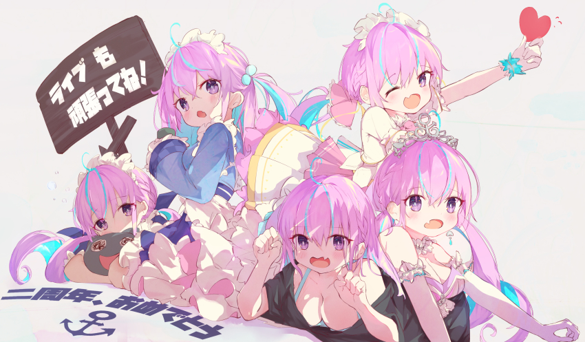 5girls, 999kun, absurdres, ahoge, black_shirt, blue_dress, blue_hair, braid