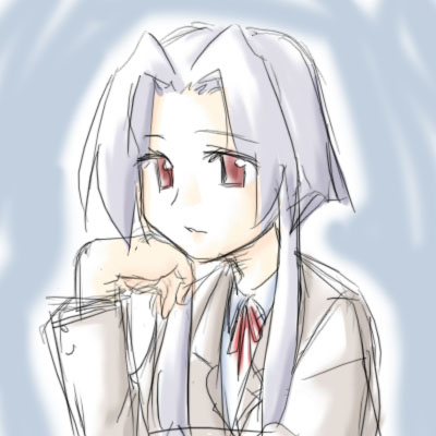 00s, 1girl, alternate_costume, blazer, contemporary, female_focus, iuiu, jacket, lowres, mutsumi_(utawarerumono), red_eyes, sidelocks, silver_hair, solo, utawarerumono