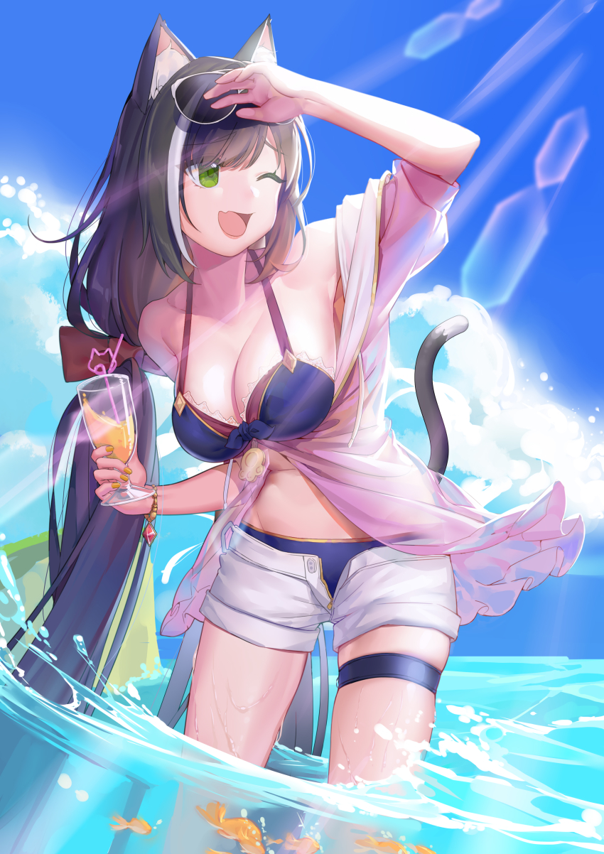 1girl, ;d, absurdres, animal_ear_fluff, animal_ears, bikini, black_hair, blue_bikini
