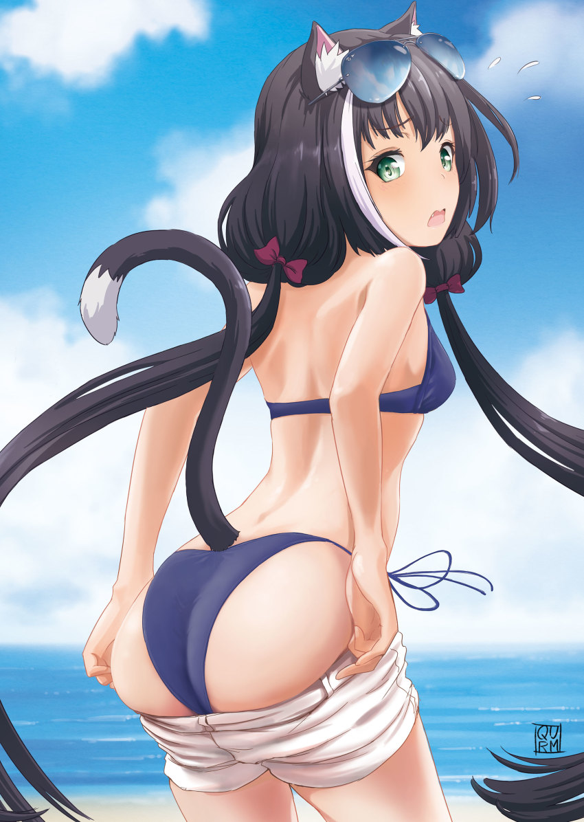 1girl, absurdres, animal_ear_fluff, animal_ears, ass, bikini, black_hair, blue-tinted_eyewear, blue_bikini, blue_sky, bow, breasts, cat_ears, cat_girl, cat_tail, clothes_pull, cloud, cowboy_shot, day, enpitsu_(pixiv631743), eyewear_on_head, fang, floating_hair, green_eyes, hair_bow, highres, karyl_(princess_connect!), karyl_(summer)_(princess_connect!), long_hair, looking_at_viewer, looking_back, low_twintails, ocean, open_mouth, outdoors, princess_connect!, red_bow, shorts, shorts_pull, side-tie_bikini_bottom, sky, small_breasts, solo, standing, sunglasses, swimsuit, tail, tinted_eyewear, twintails, undressing, very_long_hair, white_shorts