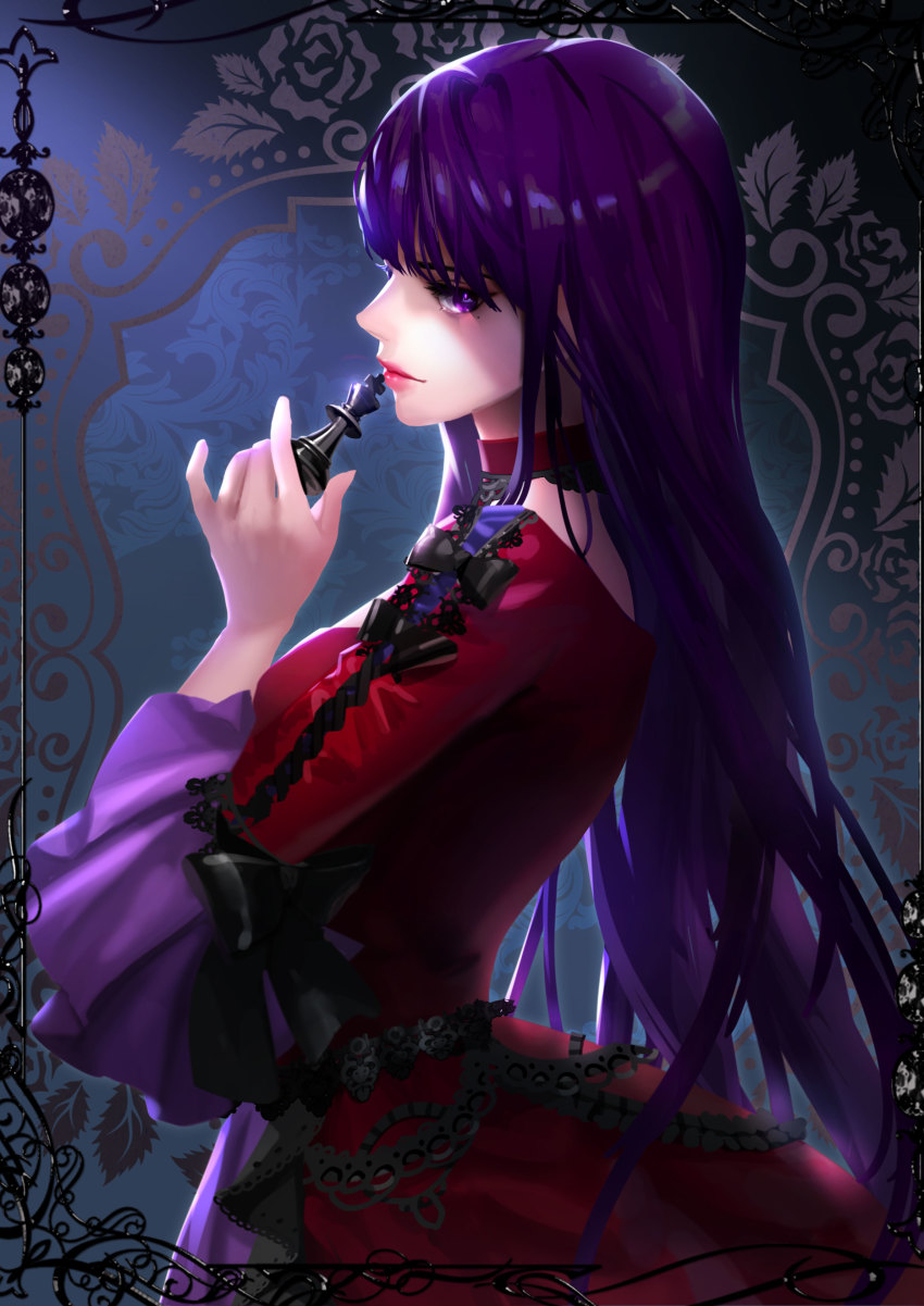 1girl, absurdres, black_bow, bow, chess_piece, dress, dress_bow, eunjya4632, grey_background, highres, king_(chess), long_hair, medea_solon, purple_eyes, purple_hair, red_dress, solo, very_long_hair, your_throne
