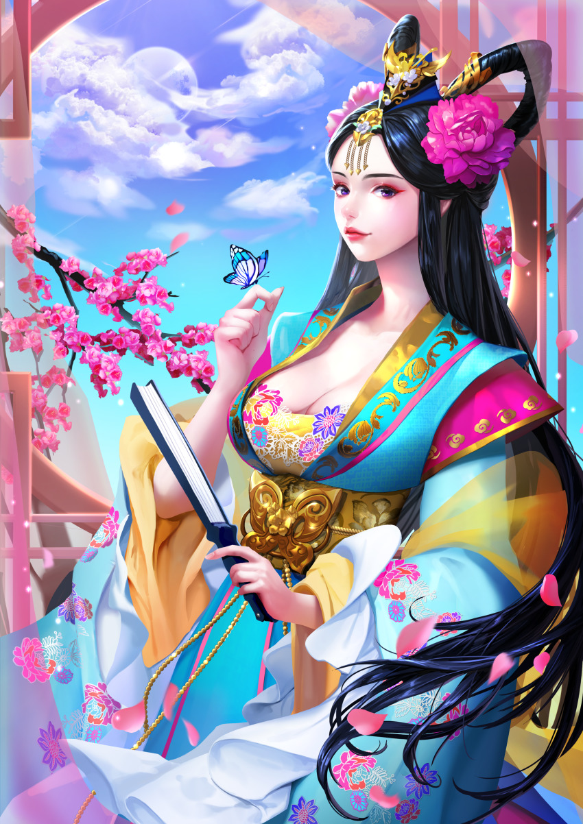 1girl, absurdres, black_hair, blue_sky, breasts, bug, butterfly, butterfly_on_hand, cleavage, cloud, day, eunjya4632, flower, folding_fan, hair_flower, hair_ornament, hair_rings, hand_fan, highres, holding, holding_fan, huge_filesize, large_breasts, lipstick, long_hair, makeup, purple_eyes, sengoku_fubu, sky, solo, wide_sleeves