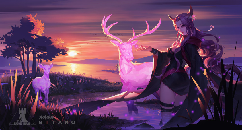1girl, absurdres, antlers, arknights, copyright_name, deer, gitano_(arknights), grass