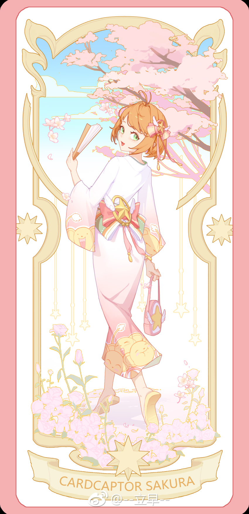 1girl, :d, absurdres, bag, bow, brown_hair, cardcaptor_sakura, character_print, cherry_blossoms, copyright_name, day, folding_fan, gradient_clothes, gradient_kimono, green_eyes, hair_bow, hand_fan, handbag, highres, holding, holding_fan, japanese_clothes, kero_(cardcaptor_sakura), kimono, kinomoto_sakura, li_zao, open_mouth, outdoors, pink_kimono, short_hair, smile, solo, standing, star_(symbol), tree, watermark, white_kimono