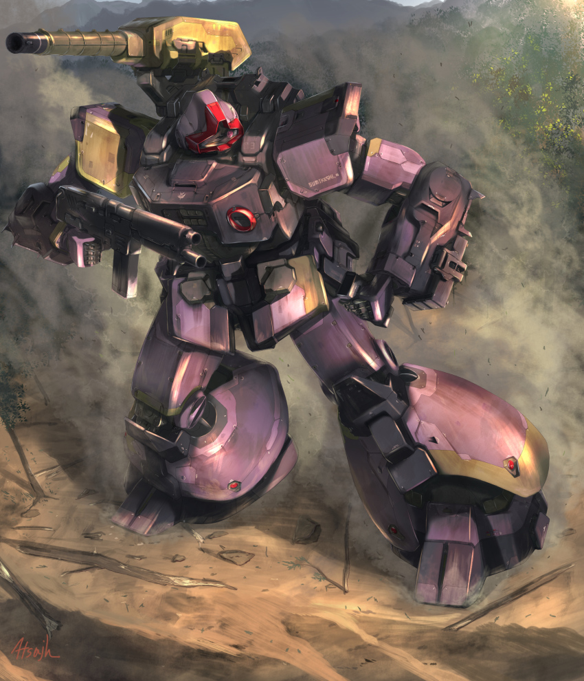 atsajh, commission, dust, gun, gundam, gundam_ms-x, highres, holding, holding_gun, holding_weapon, mecha, no_humans, one-eyed, open_hand, pezun_dwadge, red_eyes, robot, shoulder_cannon, skeb_commission, solo, weapon, zeon