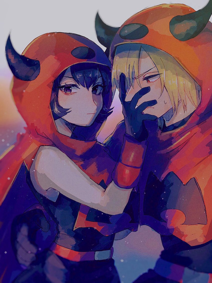 1boy, 1girl, belt, black_eyes, black_hair, blaise_(pokemon), blonde_hair, blush