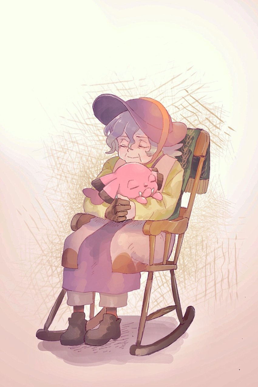 1girl, brown_footwear, brown_gloves, chair, closed_eyes, closed_mouth, commentary_request, dress