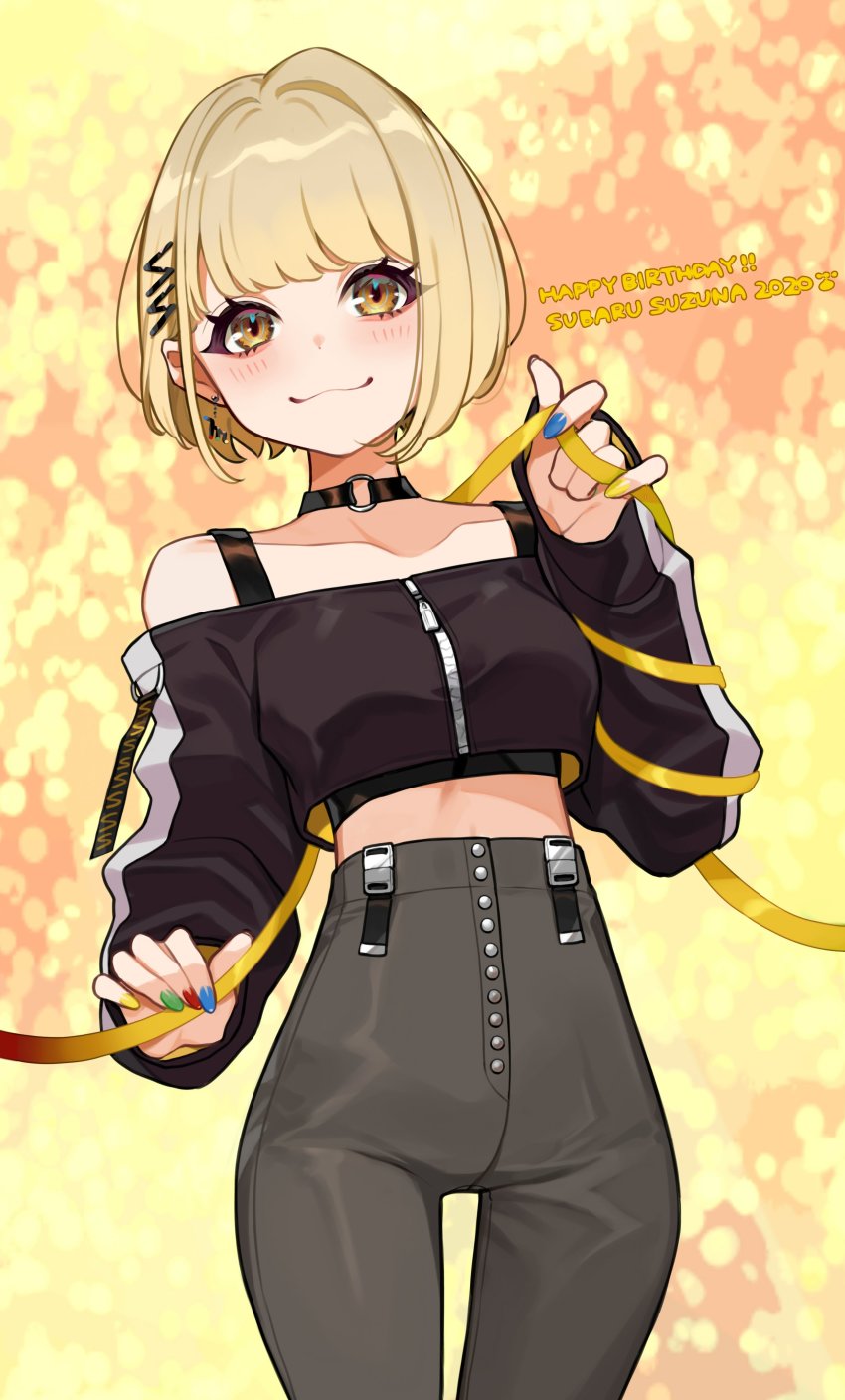 1girl, absurdres, black_choker, blonde_hair, blunt_bangs, blush, breasts, choker, collar, collarbone, crop_top, highres, looking_at_viewer, marinasu, medium_breasts, midriff, multicolored_nails, nail_polish, pants, short_hair, smile, solo, stomach, suzuna_subaru, virtual_youtuber, yellow_eyes, yuu_(higashi_no_penguin)