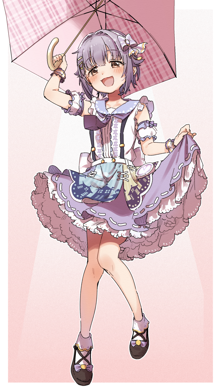 1girl, :d, arm_up, black_shoes, blue_sailor_collar, blush, bobby_socks, bow, brown_eyes, detached_sleeves, full_body, hair_bow, hair_flaps, highres, holding, holding_own_skirt, holding_umbrella, idolmaster, idolmaster_cinderella_girls, idolmaster_cinderella_girls_starlight_stage, koshimizu_sachiko, looking_at_viewer, necktie, open_mouth, pink_umbrella, plaid_umbrella, puffy_short_sleeves, puffy_sleeves, purple_bow, purple_hair, purple_necktie, purple_skirt, ribbon-trimmed_skirt, ribbon_trim, sailor_collar, shirt, shoes, short_hair, short_sleeves, skirt, sleeveless, sleeveless_shirt, smile, socks, solo, striped_bow, suspender_skirt, suspenders, umbrella, white_shirt, white_sleeves, white_socks, wrist_cuffs, yukie_(kusaka_shi)
