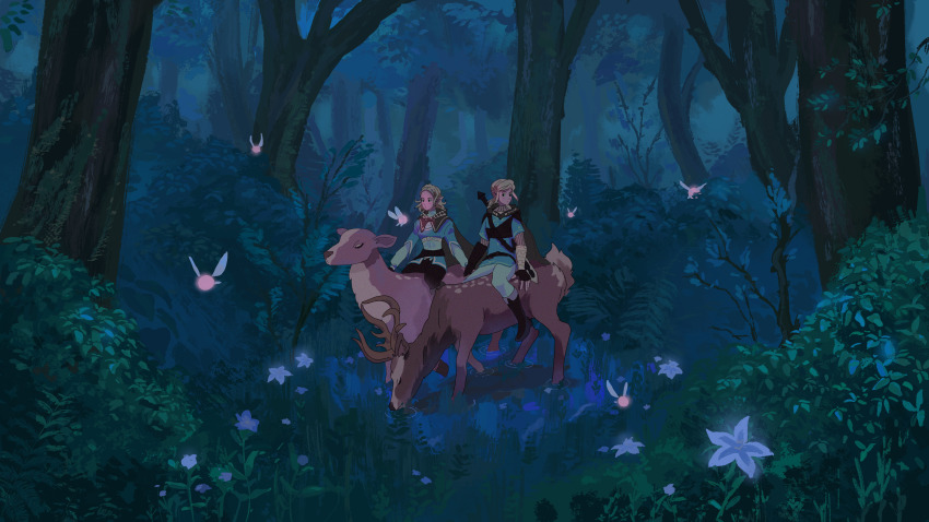1boy, 1girl, absurdres, antlers, bigskycastle, blonde_hair, deer, fairy