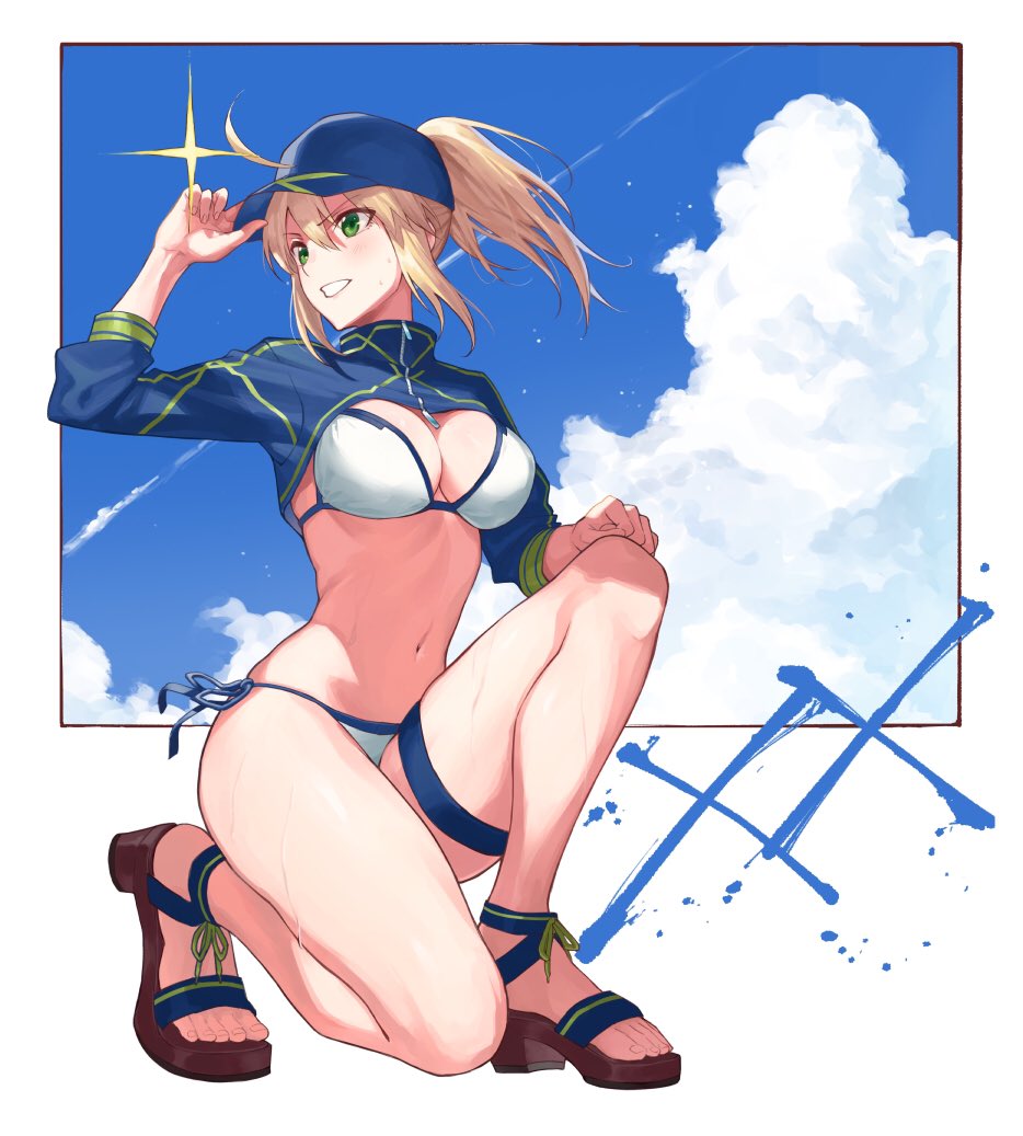 1girl, artoria_pendragon_(fate), baseball_cap, bikini, blue_hat, blue_jacket, blue_sky, breasts, cleavage, cloud, cropped_jacket, day, fate/grand_order, fate_(series), fumi_fumi_(7837224), hair_through_headwear, hat, jacket, looking_to_the_side, medium_breasts, mysterious_heroine_x_(fate), mysterious_heroine_xx_(fate), parted_lips, sandals, shrug_(clothing), side-tie_bikini_bottom, sky, solo, swimsuit, white_bikini