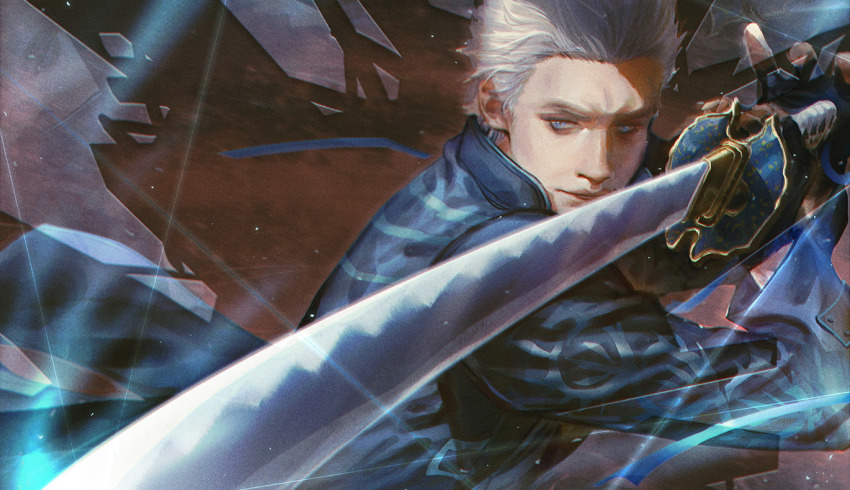 1boy, black_gloves, blue_coat, blue_eyes, brown_background, capcom, closed_mouth, coat, commentary, devil_may_cry_(series), devil_may_cry_5, fighting_stance, fingerless_gloves, fulushouxijixiangcha, glass, glass_shards, gloves, hair_slicked_back, holding, holding_sword, holding_weapon, katana, long_coat, long_sleeves, looking_away, male_focus, short_hair, silver_hair, solo, spoilers, sword, upper_body, vergil_(devil_may_cry), weapon, yamato_(sword)