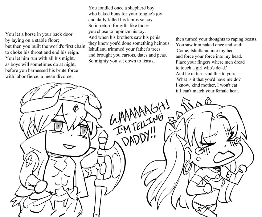 >_<, 1boy, 1girl, axe, bad_id, bb_(baalbuddy), chibi, commentary, crying, earrings, english_commentary, english_text, epic_of_gilgamesh, fate/grand_order, fate_(series), fleeing, gilgamesh, gilgamesh_(caster)_(fate), gilgamesh_(fate), greyscale, highres, hoop_earrings, inactive_account, ishtar_(fate), jewelry, jitome, monochrome, profanity, sad, tears, troll_face, trolling, two_side_up