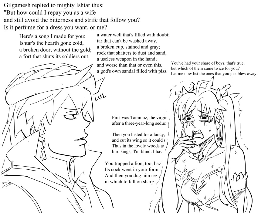 1boy, 1girl, bad_id, bandeau, bb_(baalbuddy), breasts, cleavage, crown, earrings, english_text, epic_of_gilgamesh, fate/grand_order, fate_(series), gilgamesh, gilgamesh_(caster)_(fate), gilgamesh_(fate), greyscale, highres, hoop_earrings, inactive_account, ishtar_(fate), jewelry, medium_breasts, monochrome, profanity, tearing_up, trembling, trolling, two_side_up