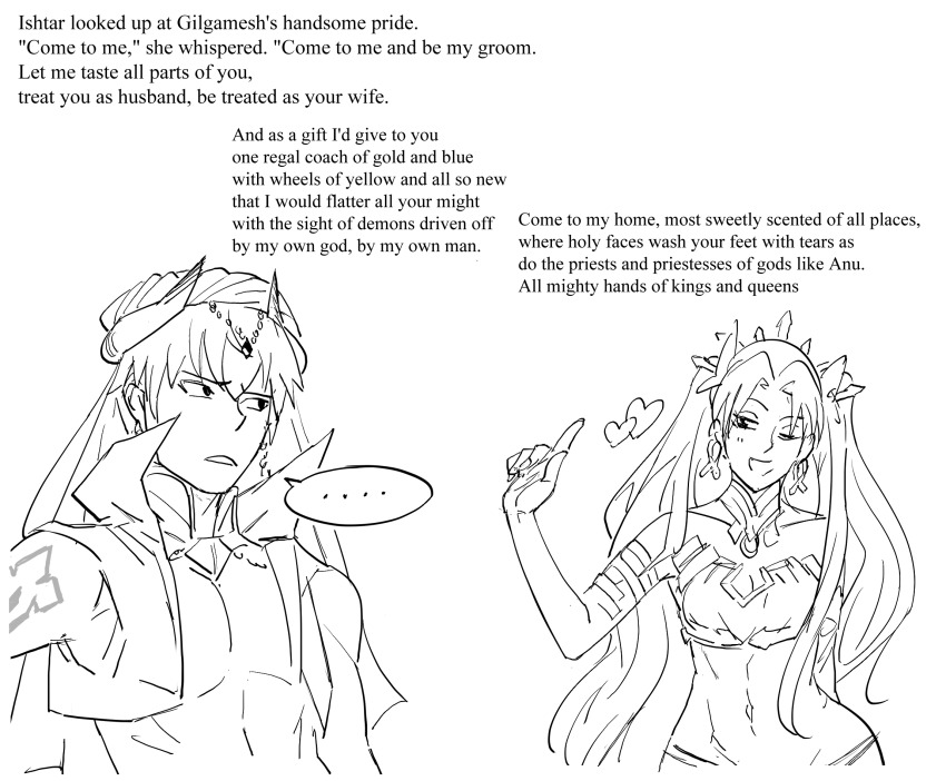 ..., 1boy, 1girl, bad_id, bandeau, bb_(baalbuddy), breasts, cleavage, crown, earrings, english_text, epic_of_gilgamesh, fate/grand_order, fate_(series), flirting, gilgamesh, gilgamesh_(caster)_(fate), gilgamesh_(fate), greyscale, highres, hoop_earrings, inactive_account, index_finger_raised, ishtar_(fate), jewelry, long_hair, medium_breasts, midriff, monochrome, navel, one_eye_closed, sketch, speech_bubble, spoken_ellipsis, two_side_up