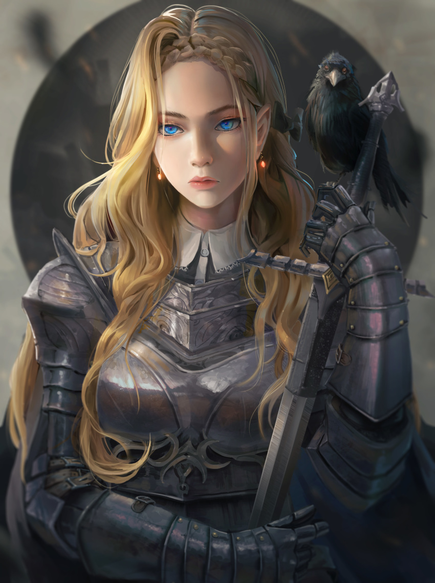 1girl, absurdres, armor, bird, bird_on_hand, blonde_hair, blue_eyes, bow