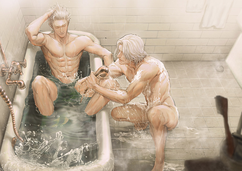 2boys, abs, arm_up, bath, bathing, bathtub, closed_eyes, condensation, dante_(devil_may_cry), devil_may_cry_(series), devil_may_cry_5, drain_(object), eyes_visible_through_hair, facial_hair, fulushouxijixiangcha, hair_slicked_back, holding, indoors, male_focus, multiple_boys, muscular, navel, nipples, nude, partially_submerged, same-sex_bathing, shared_bathing, siblings, soap, soap_bubbles, spoilers, steam, stubble, tile_floor, tile_wall, tiles, toothbrush, towel, vergil_(devil_may_cry), water, wet, white_hair
