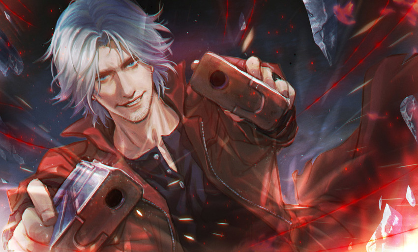 1boy, aiming, aiming_at_viewer, black_gloves, blue_eyes, broken_glass, capcom, coat