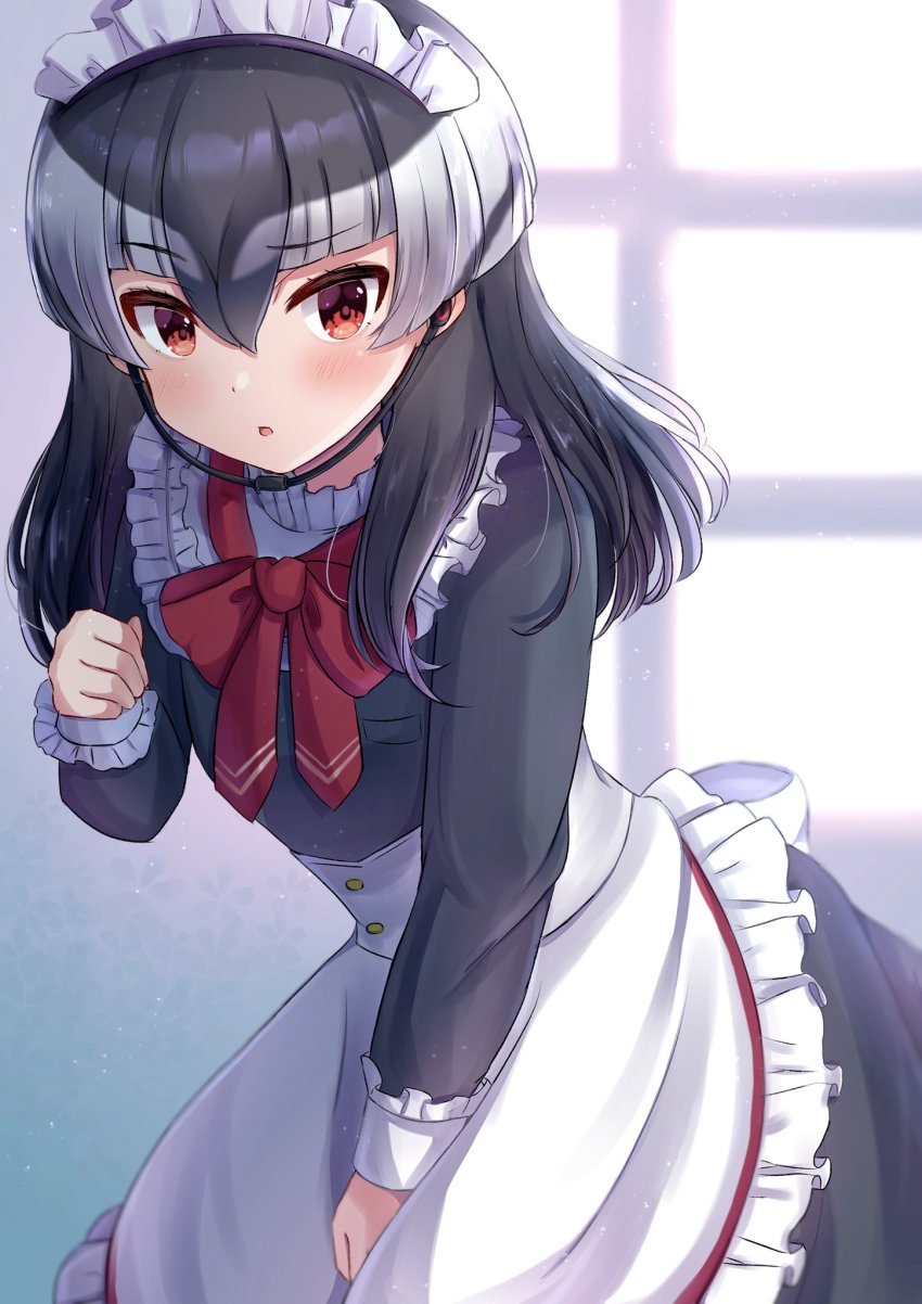 1girl, alternate_costume, apron, black_dress, black_hair, blush, bow, bowtie