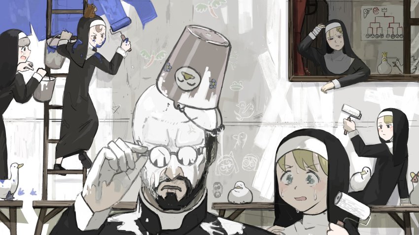 1boy, 5girls, adjusting_eyewear, animal, animal_on_head, arm_support, bandaged_hand, beard