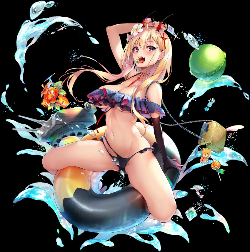 1girl, :d, ahoge, arm_up, armpits, azur_lane, bare_shoulders, basket