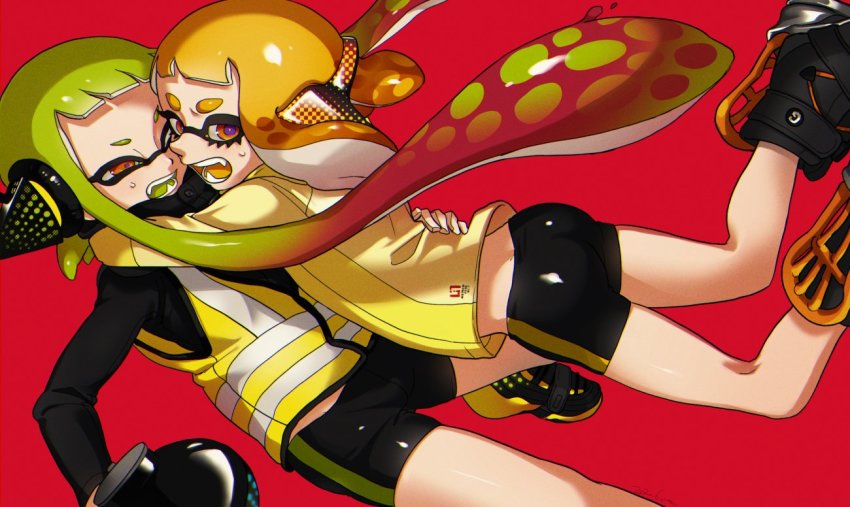 2girls, agent_3_(splatoon), agent_4_(splatoon), ankle_boots, arms_around_neck, artist_name, ass, bike_shorts