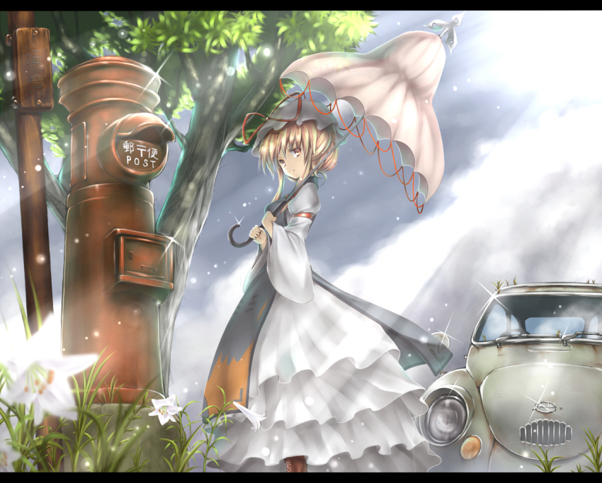 1girl, bad_id, bad_pixiv_id, blonde_hair, car, female_focus, hat, japanese_postal_mark