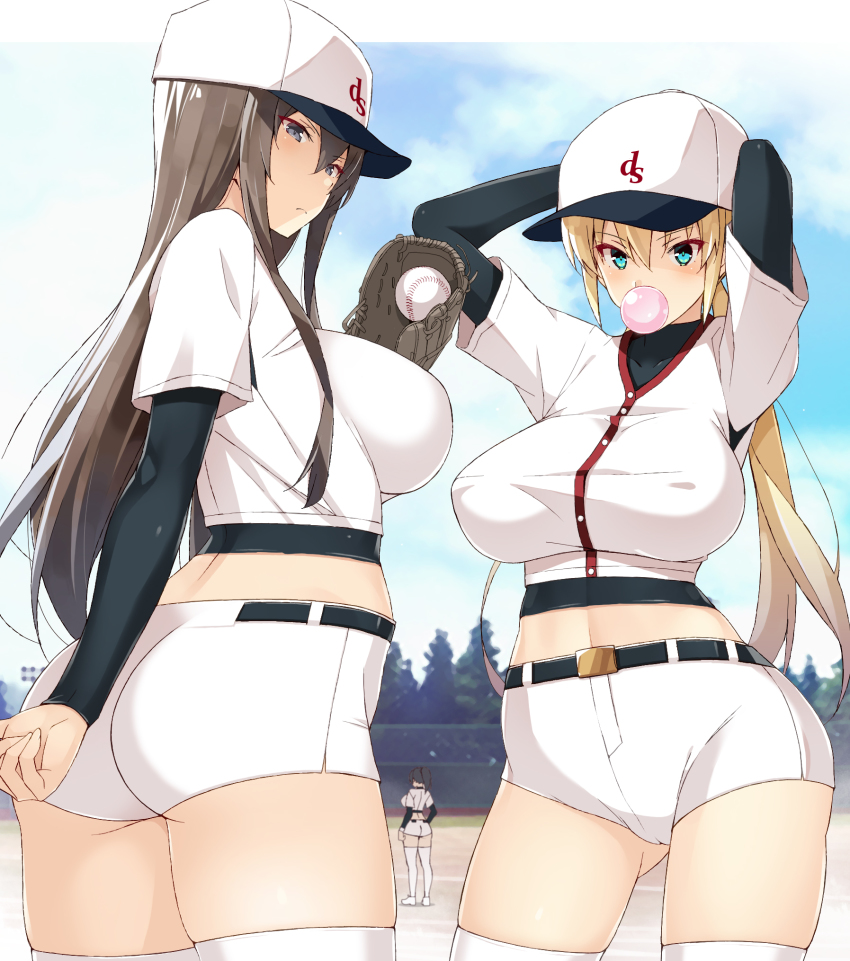 3girls, aqua_eyes, arm_behind_back, arms_up, ass, baseball_cap, baseball_glove, baseball_uniform