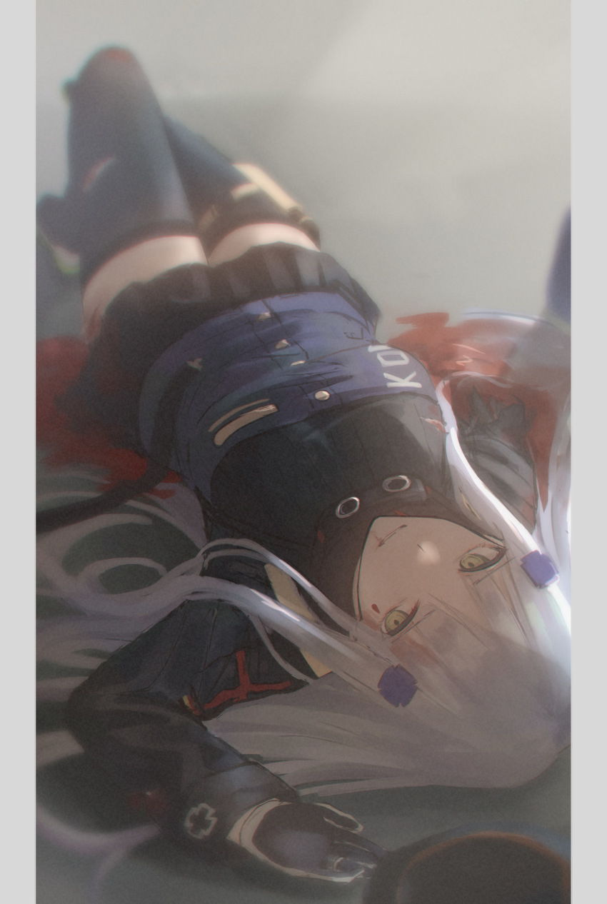1girl, absurdres, amputee, blood, blood_on_face, blunt_bangs, buttons, facial_mark, girls'_frontline, gloves, green_eyes, hair_ornament, hat, unworn_hat, unworn_headwear, highres, hk416_(girls'_frontline), jacket, long_hair, looking_at_viewer, lying, on_back, piroshiki_(aoraro), silver_hair, skirt, solo, teardrop, thighhighs